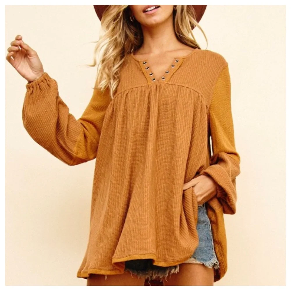 #05 Boho Chic Soft Knit Color Block Washed Tunic Top - Picture 1 of 5